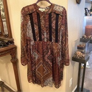 DAVINA Women Earthy Color Patterned Sheer Lined Boho Dress Size Medium